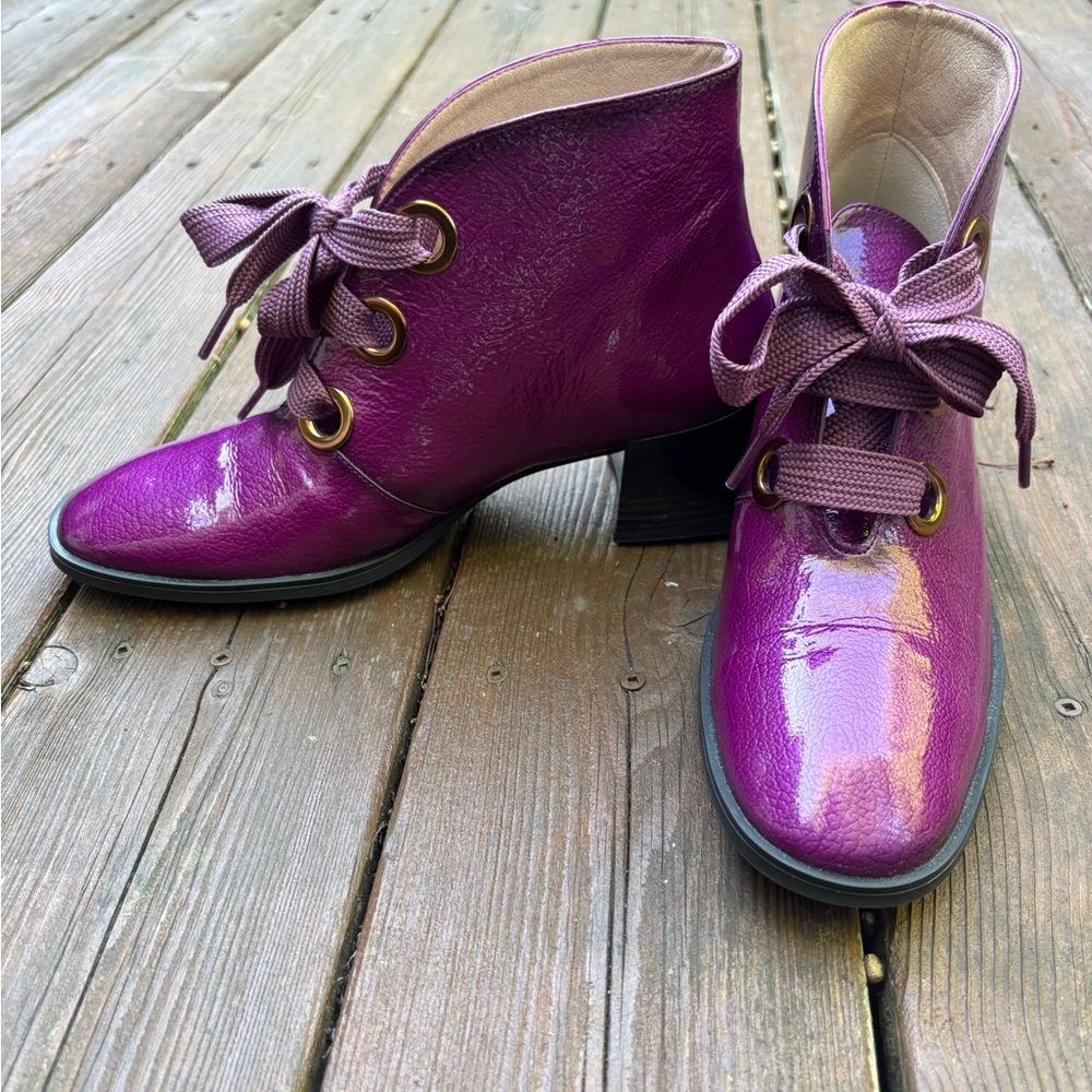 Hispanitas - Women’s Magenta  Patent Ankle Booties with Lace-Up Detail
